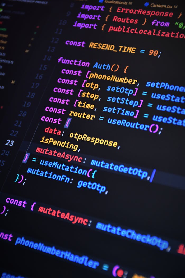 gallery-2 Close-up of vibrant JavaScript code for web development with ReactJS and Tailwind CSS.